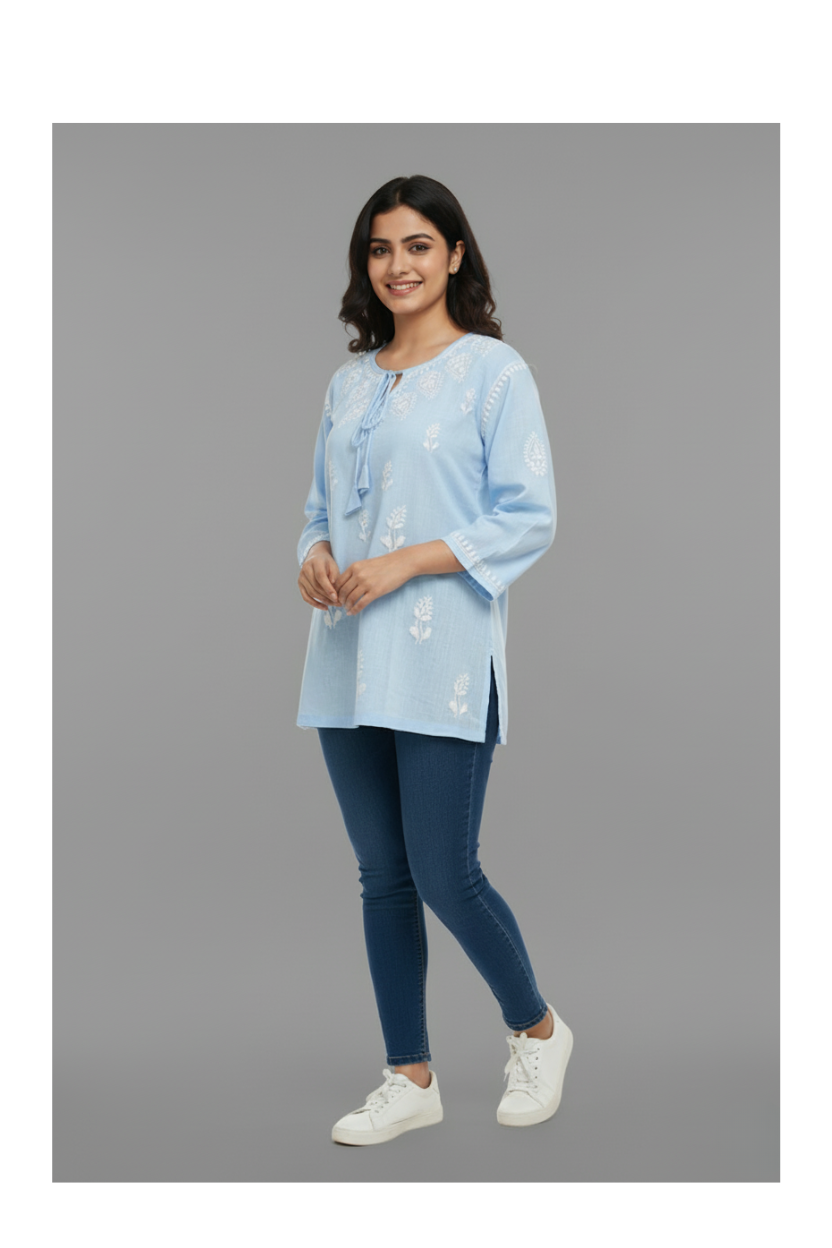Sky Blue Linen Cotton Chikankari Short Kurti