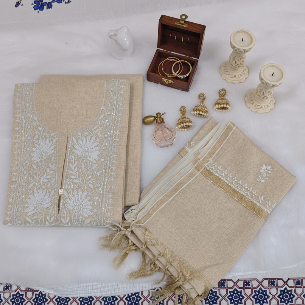 Beige Lucknowi Chikankari Tissue Suit with Dupatta