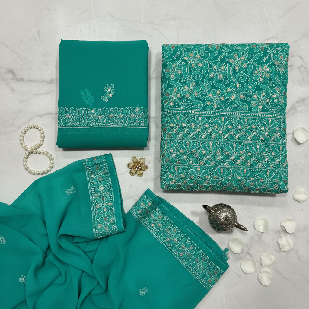 Turquoise Lucknowi Chikankari Gotta Patti 3-Piece Suit