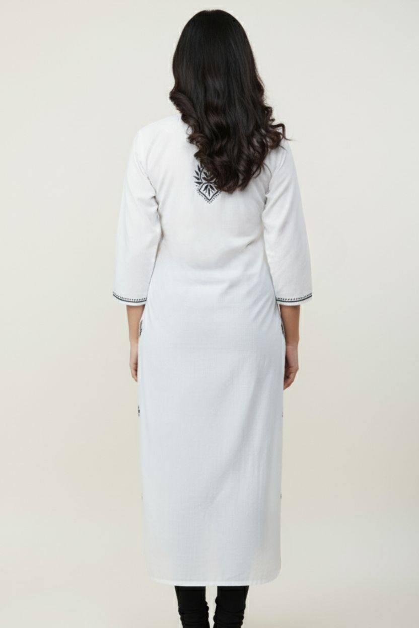 White Modal Long Chikankari Kurti with Black Hand Embroidery