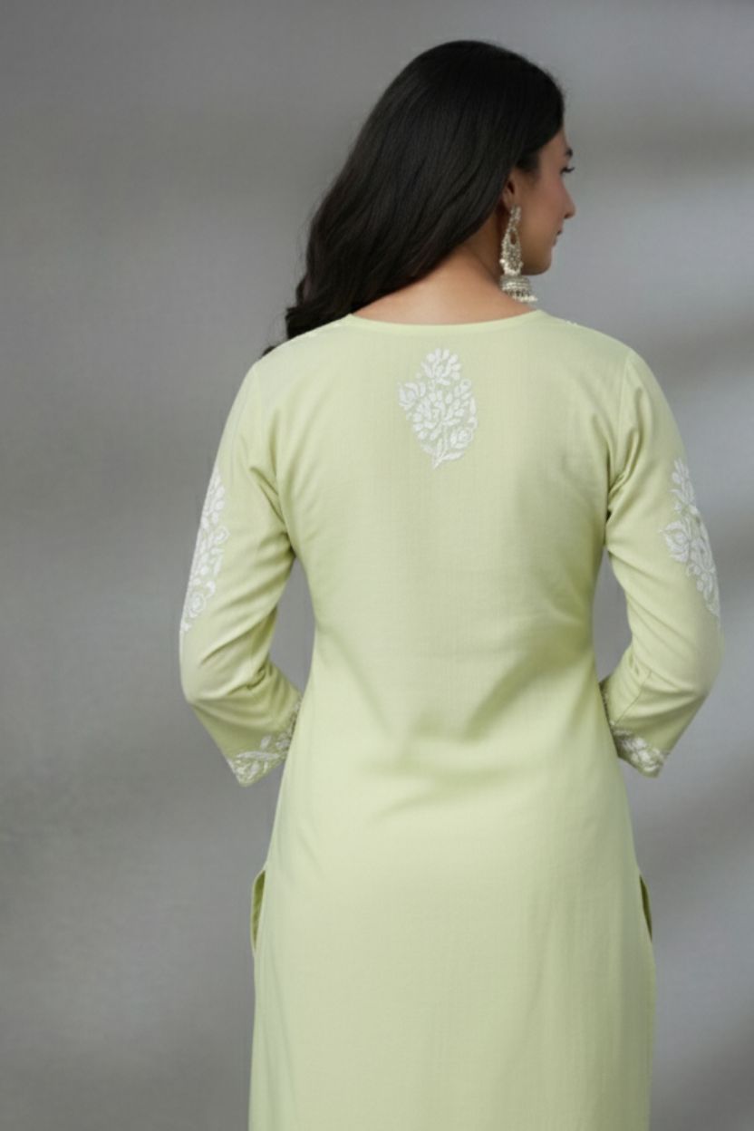 Light Green Rayon Long Chikankari Kurti with White Hand Embroidery