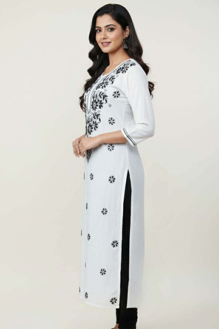 White Modal Long Chikankari Kurti with Black Hand Embroidery