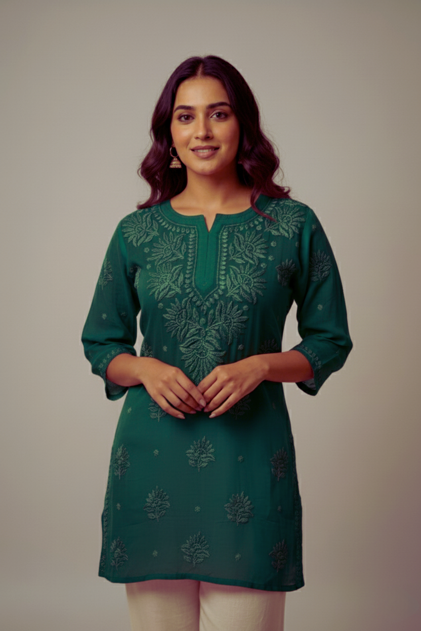 Green Viscose Chikankari Short Kurta – Hand Embroidered Lucknowi Elegance