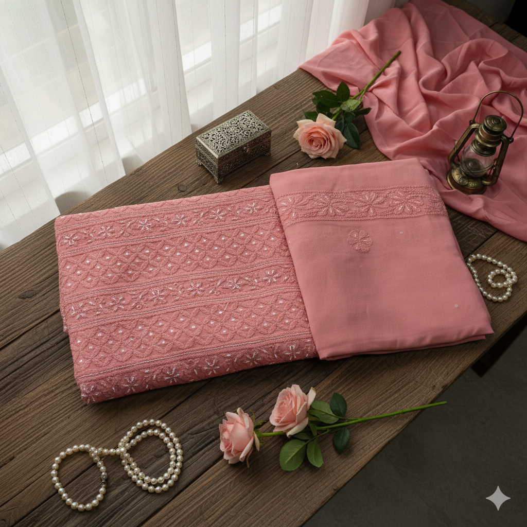 Dusty Pink Viscose Lucknowi Chikankari Suit with Dupatta