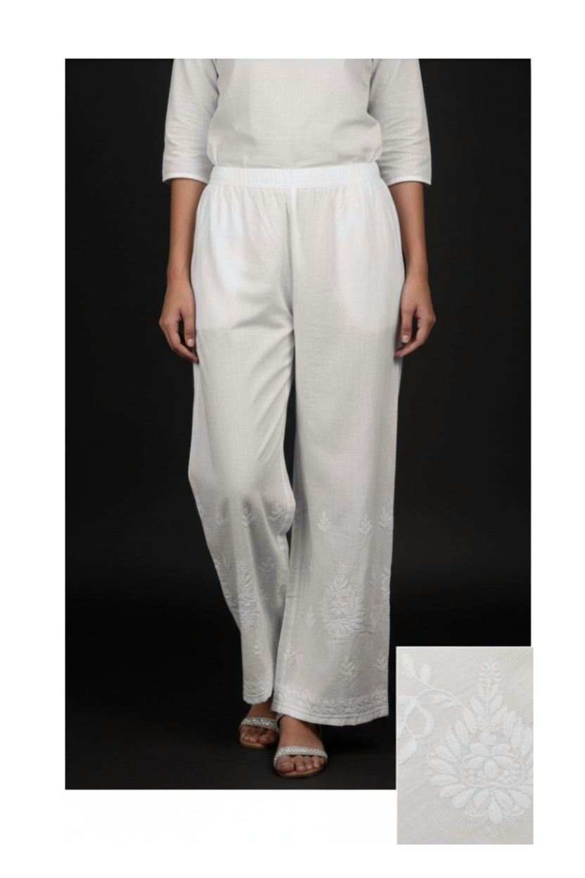 White Cotton Chikankari Plazo Pants