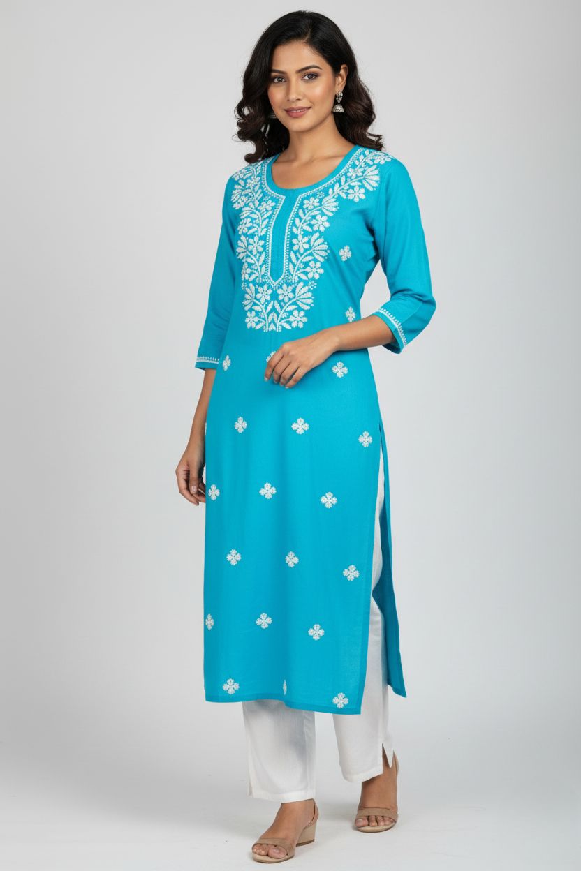 Blue Rayon Long Chikankari Kurti with White Hand Embroidery