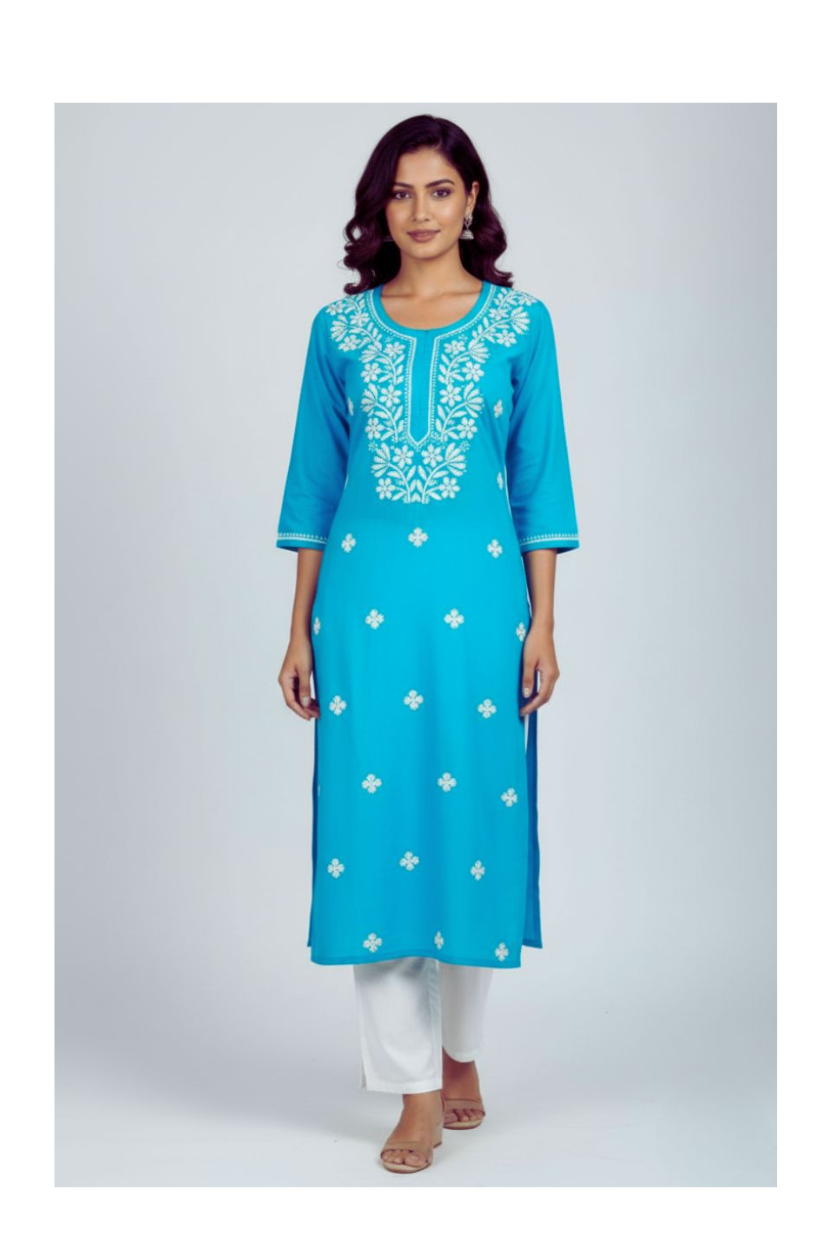 Blue Rayon Long Chikankari Kurti with White Hand Embroidery