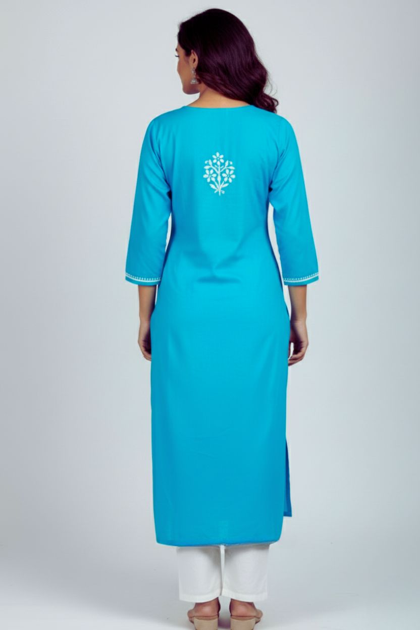 Blue Rayon Long Chikankari Kurti with White Hand Embroidery