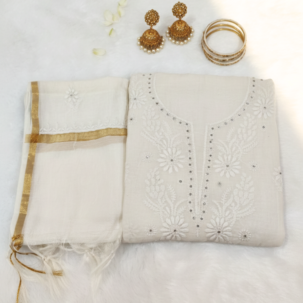 Mul Chanderi Chikankari Shirt with Dupatta – Stone Work Detailing