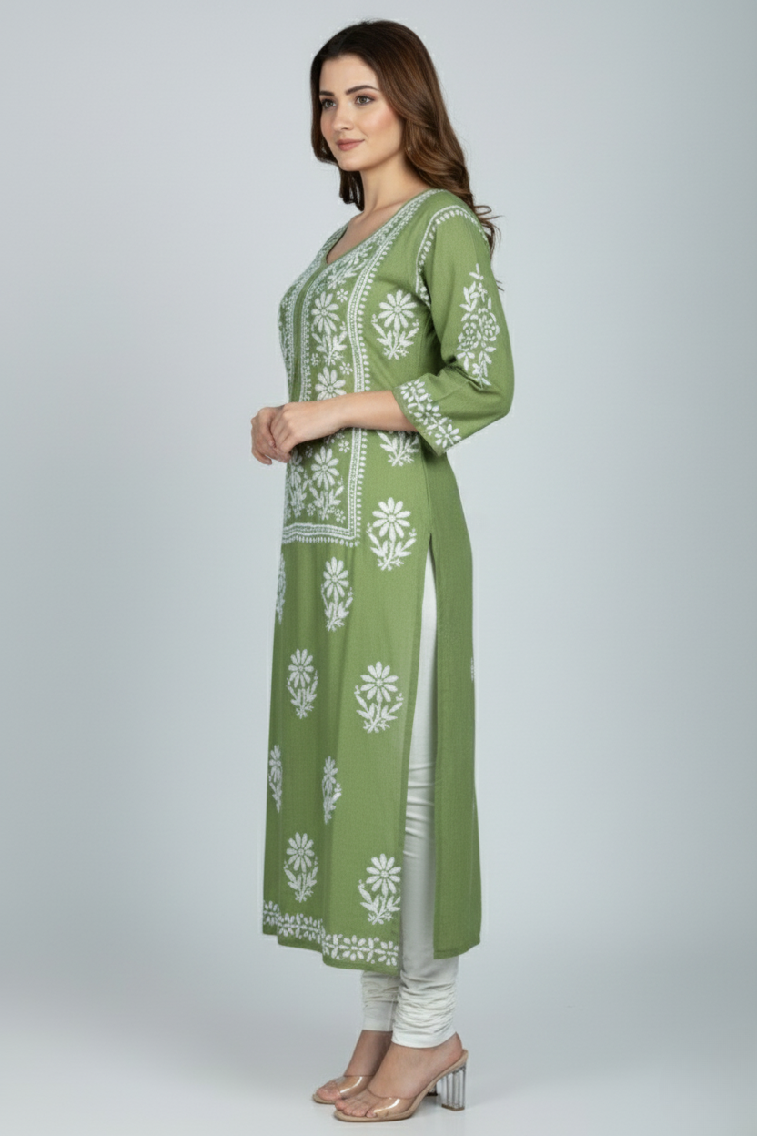 Sage Green Modal Long Chikankari Kurti with White Hand Embroidery