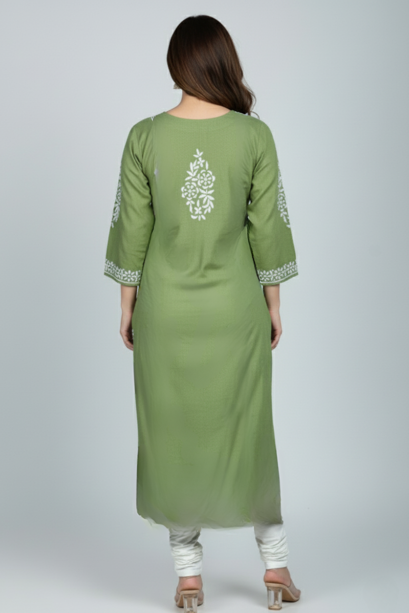 Sage Green Modal Long Chikankari Kurti with White Hand Embroidery