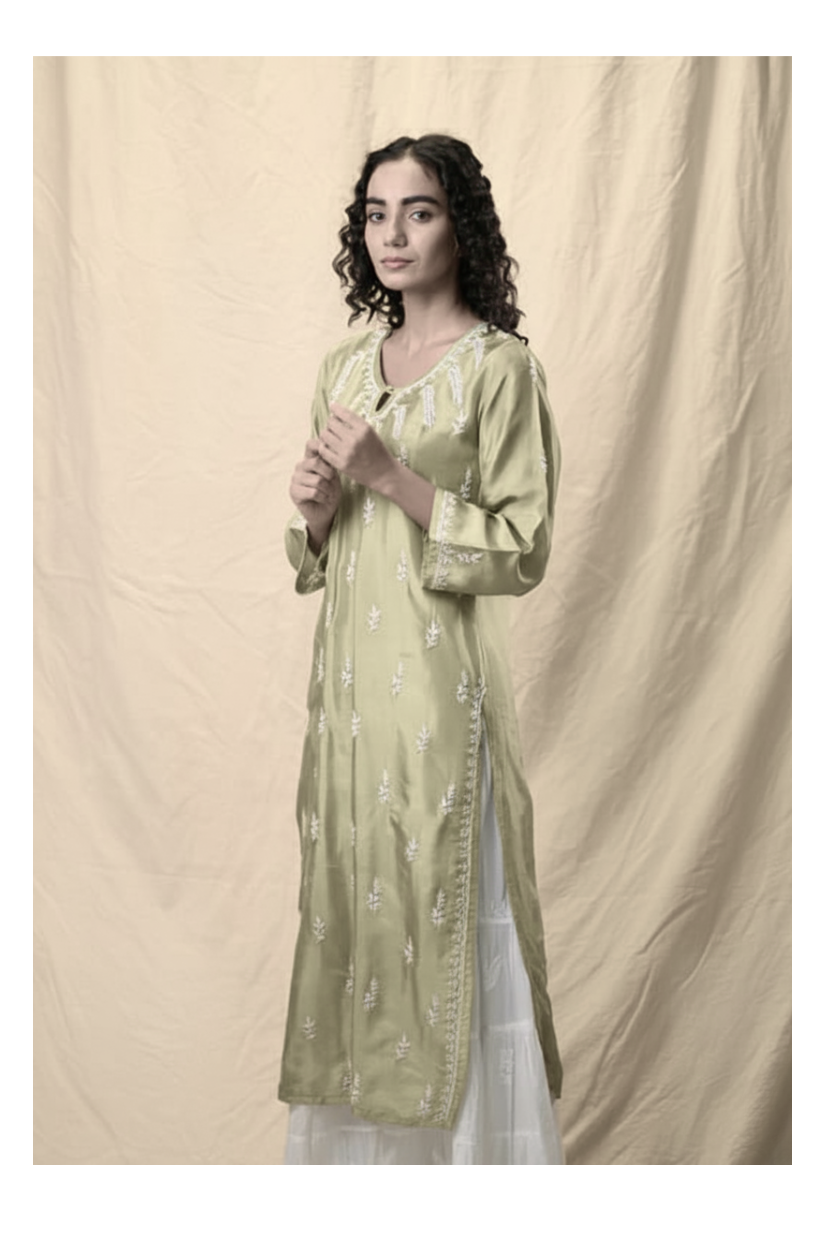 Pista Green Hand-Embroidered Chikankari Silk Kurti