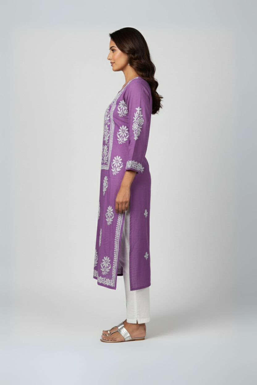 Lavender Modal Long Chikankari Kurti with White Hand Embroidery