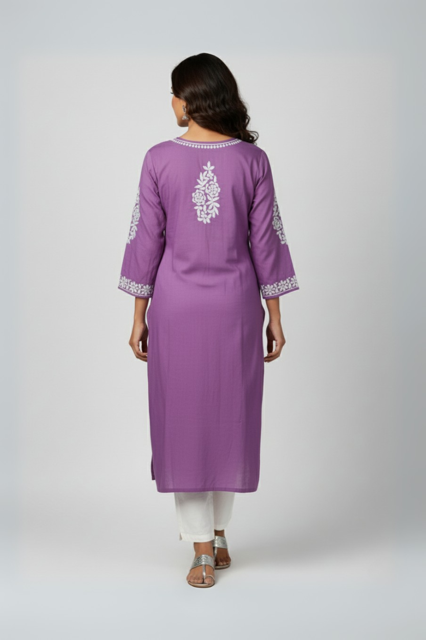 Lavender Modal Long Chikankari Kurti with White Hand Embroidery