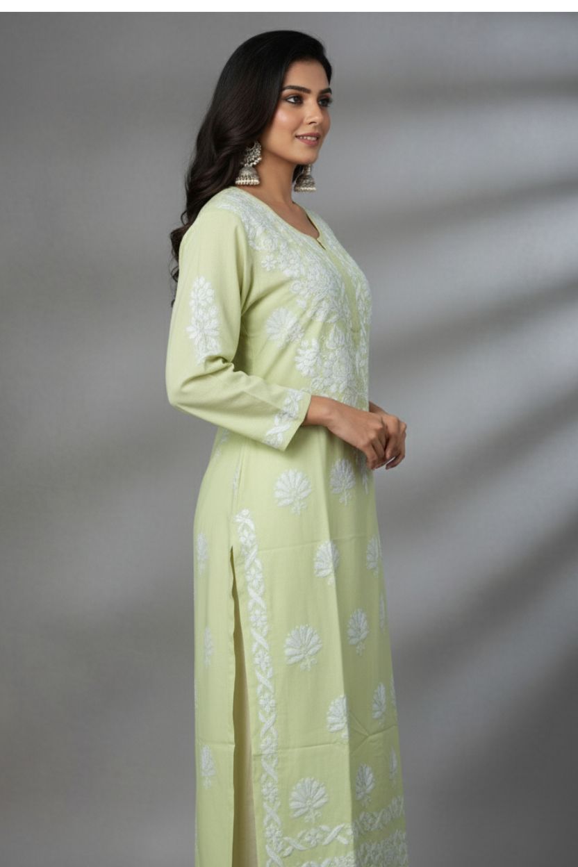 Light Green Rayon Long Chikankari Kurti with White Hand Embroidery