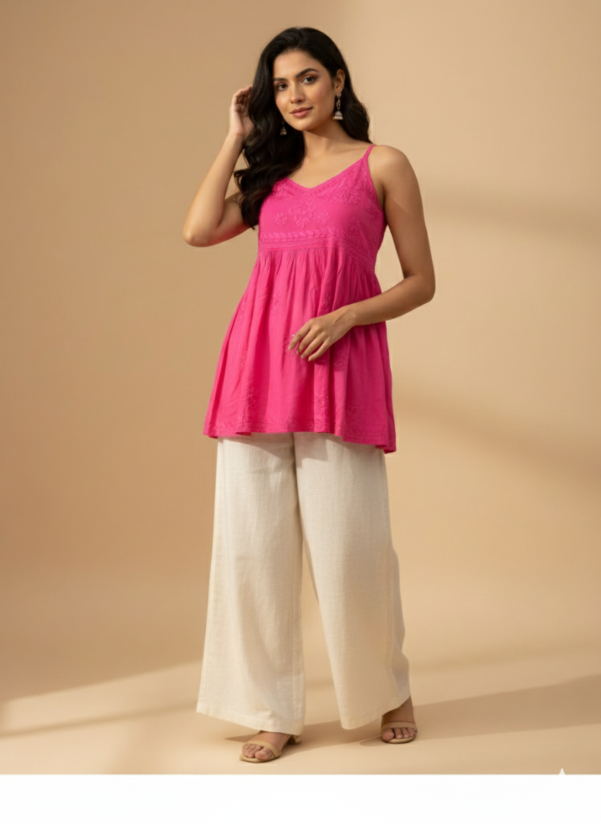 Blue Linen Short Top – Lucknowi Chikankari
