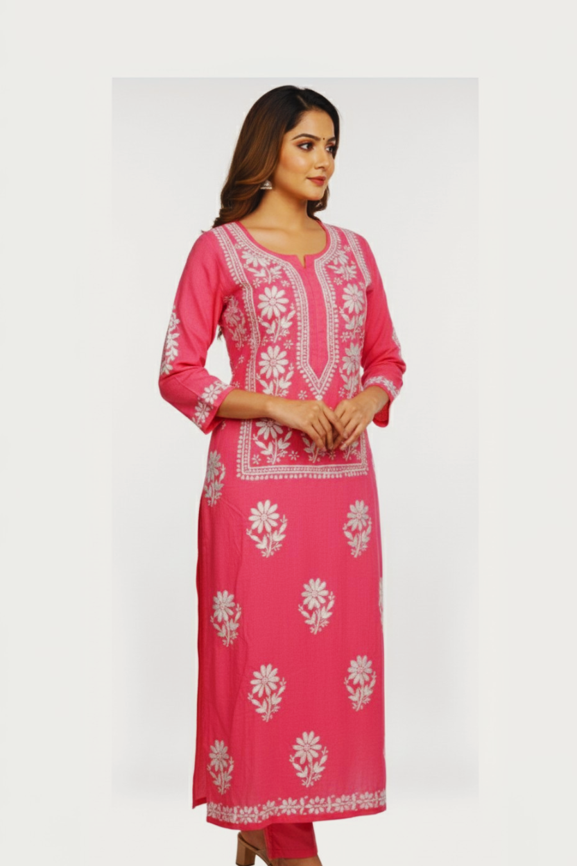 Pink Modal Long Chikankari Kurti with White Hand Embroidery