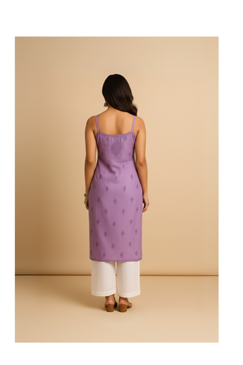 Lavender Muslin Noodle Strap Chikankari Kurti