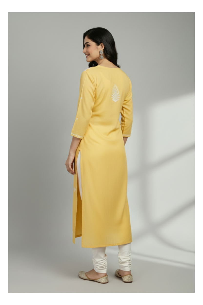Mustard Yellow Rayon Chikankari Kurti with White Hand Embroidery