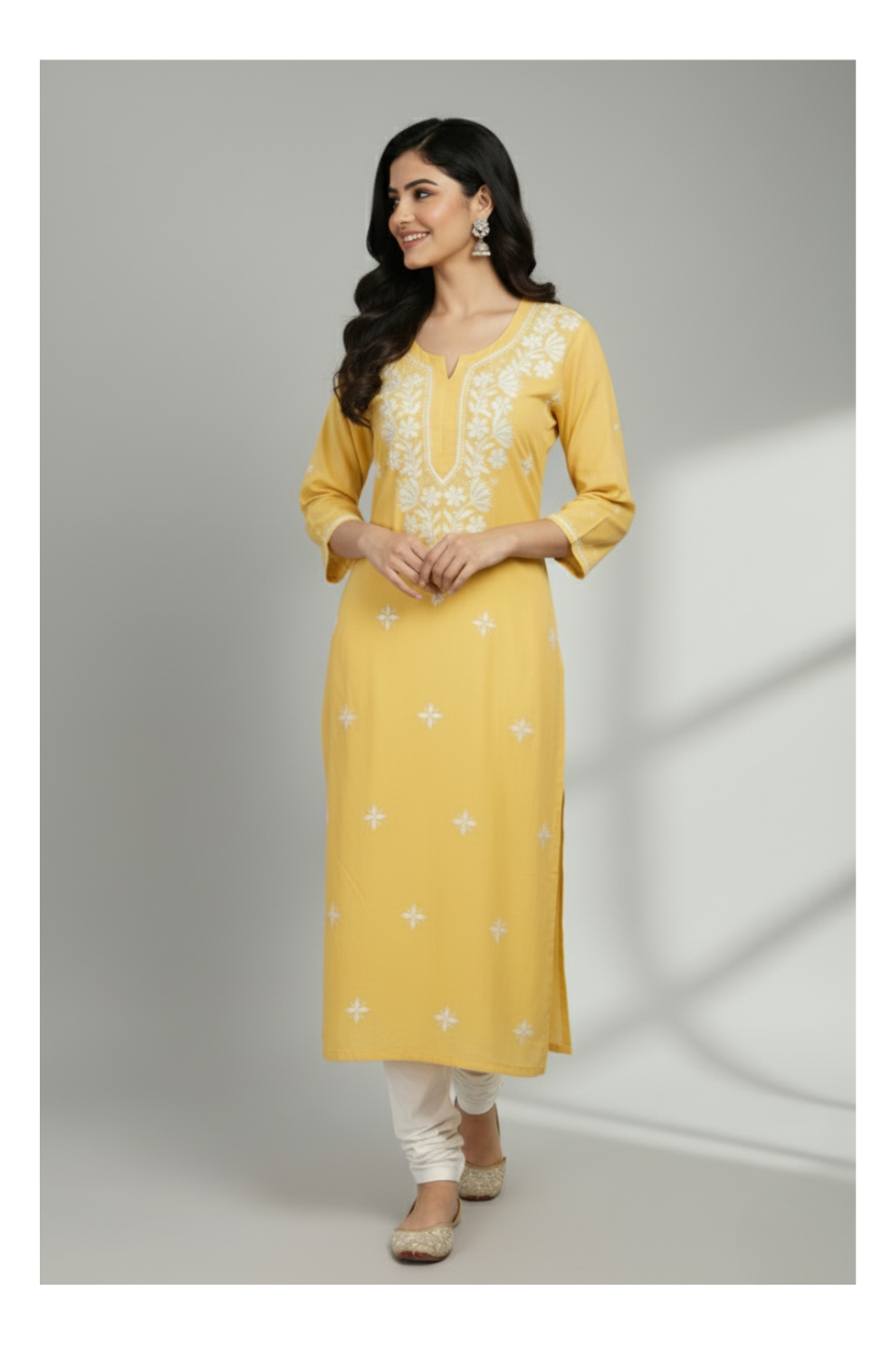 Mustard Yellow Rayon Chikankari Kurti with White Hand Embroidery
