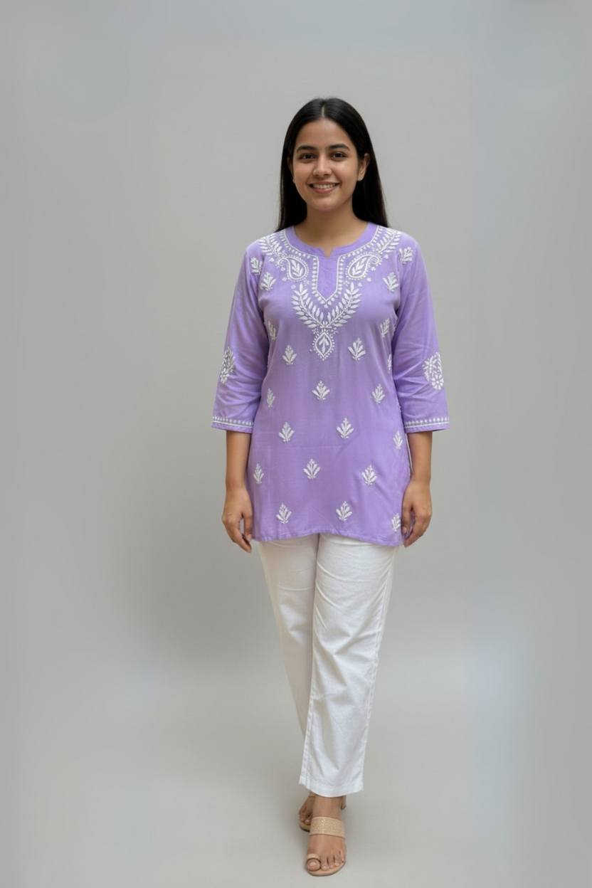 Lavender Modal Chikankari Short Kurti – Elegant Hand Embroidered Top