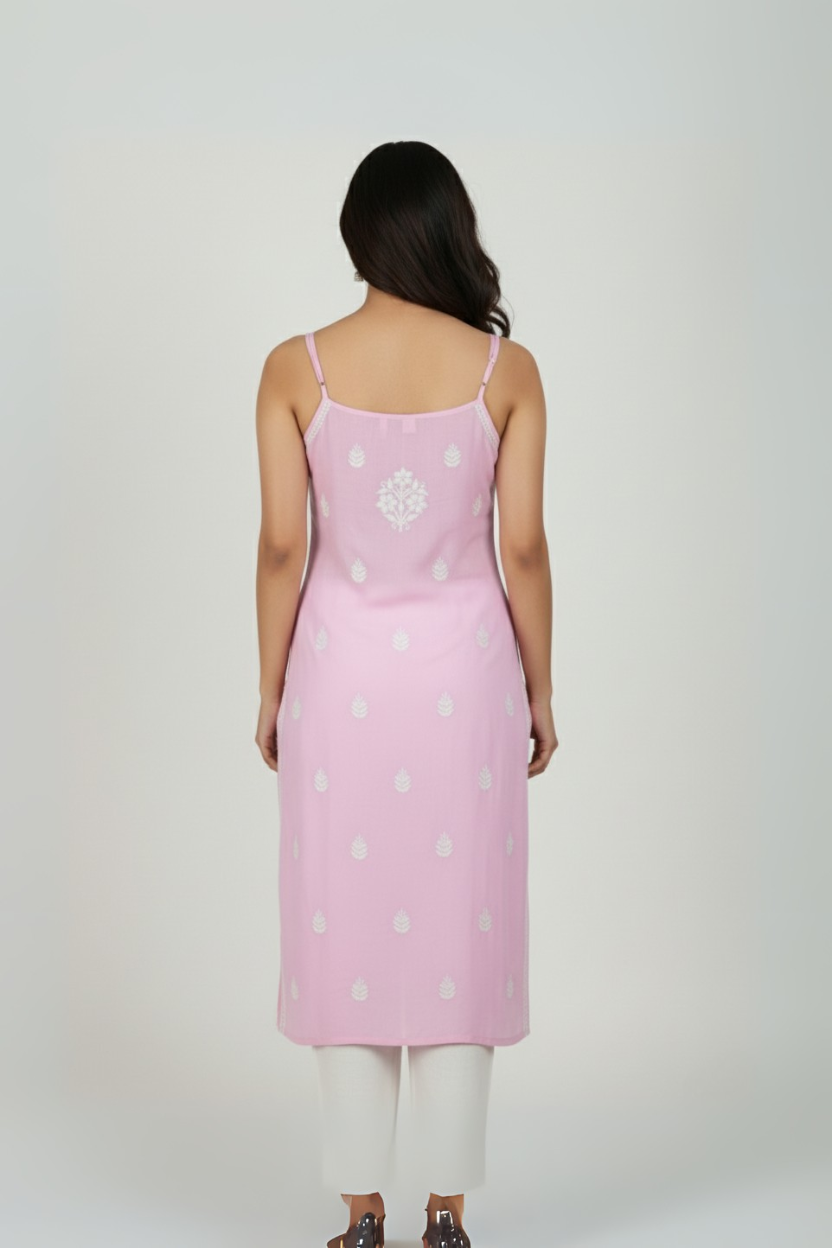 Pastel Pink Rayon Long Chikankari Noodle Strap Kurti