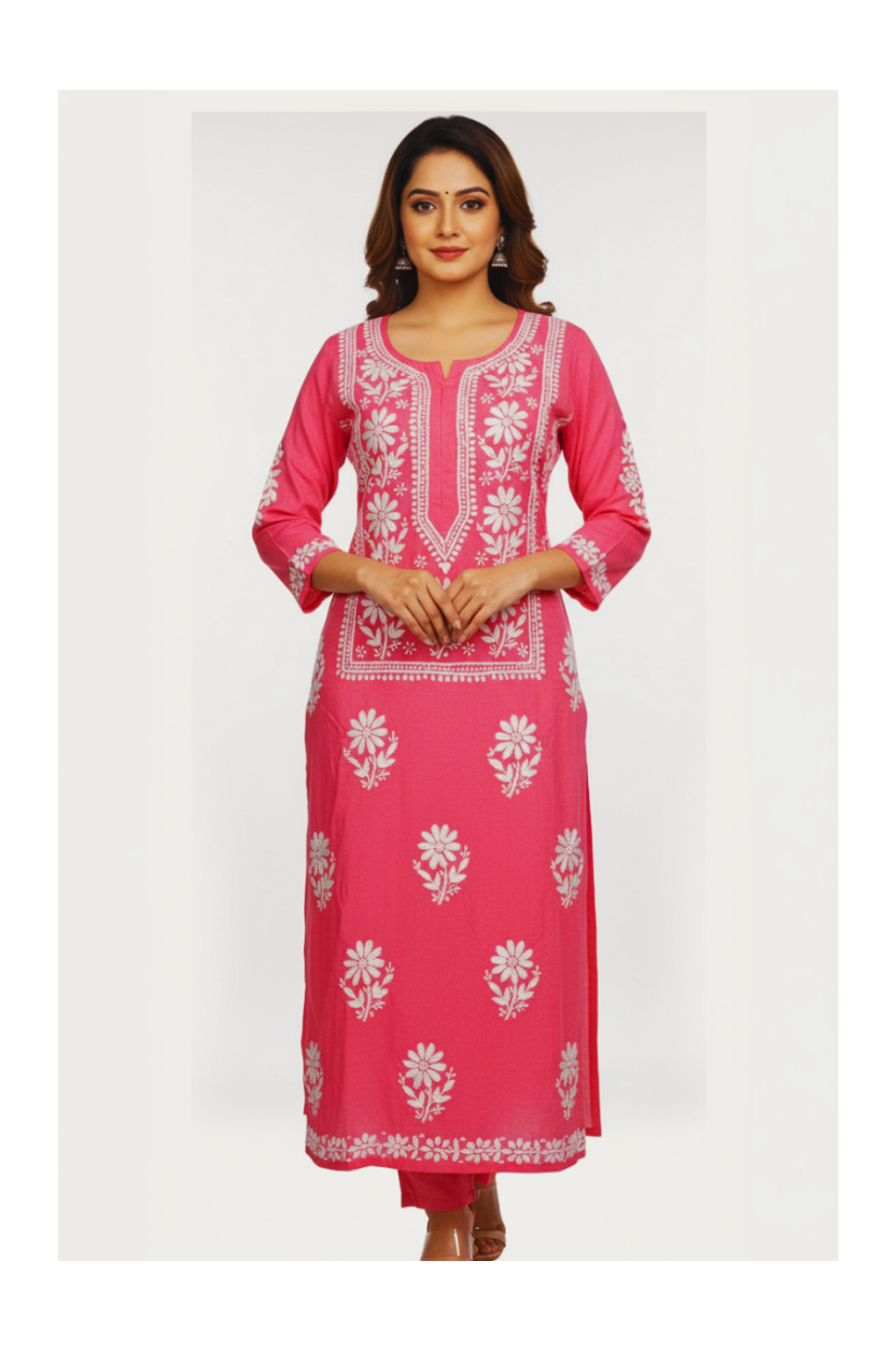 Pink Modal Long Chikankari Kurti with White Hand Embroidery