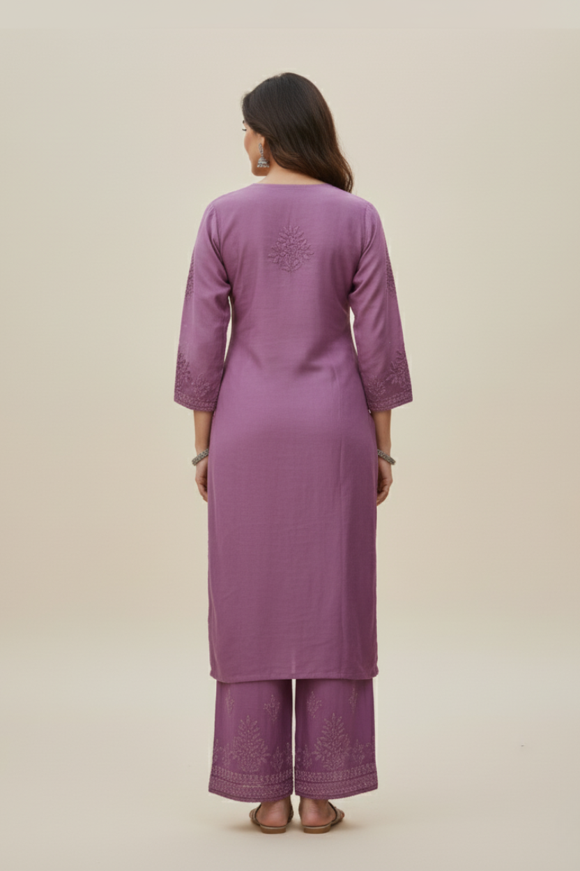Plum Wine Muslin Plazzo Set with Hand Embroidery