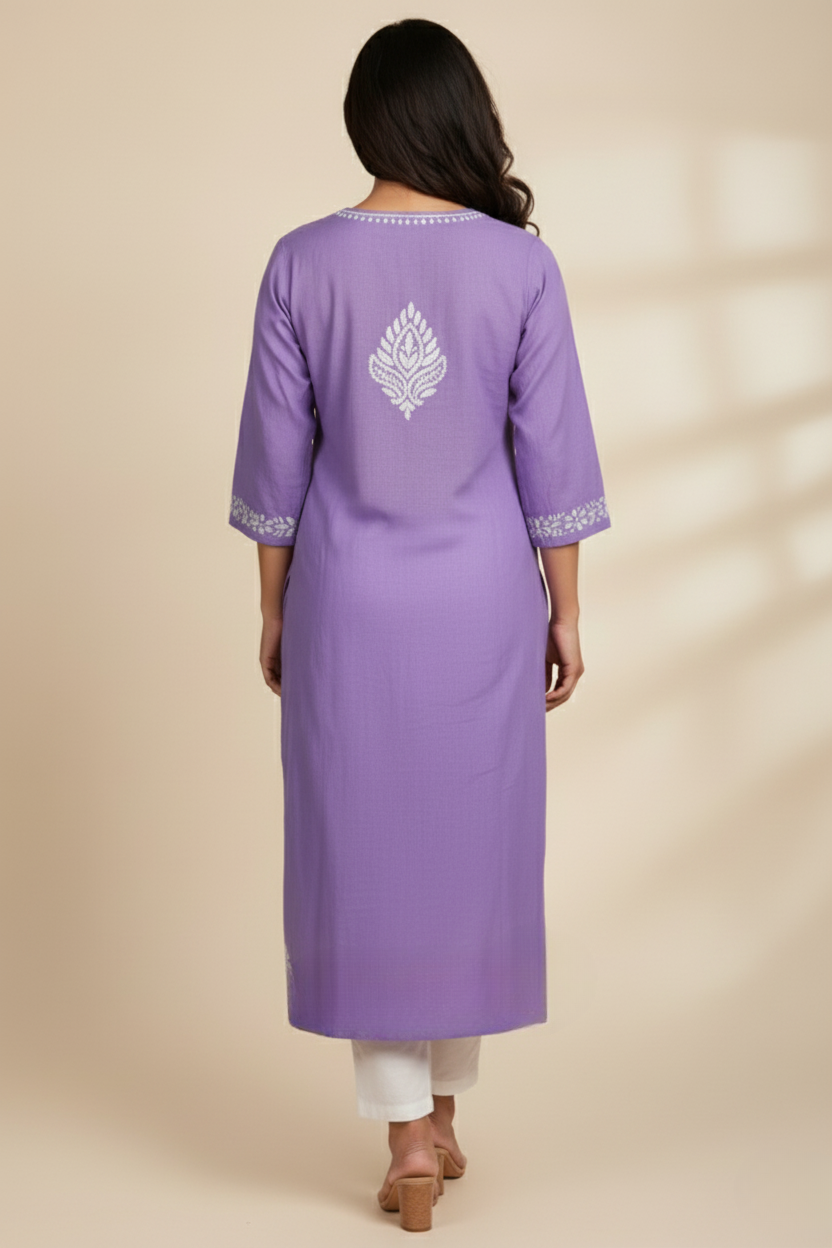 Lavender Rayon Long Chikankari Kurti with White Hand Embroidery