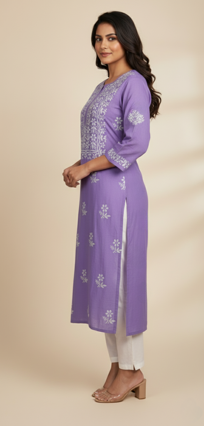 Lavender Rayon Long Chikankari Kurti with White Hand Embroidery