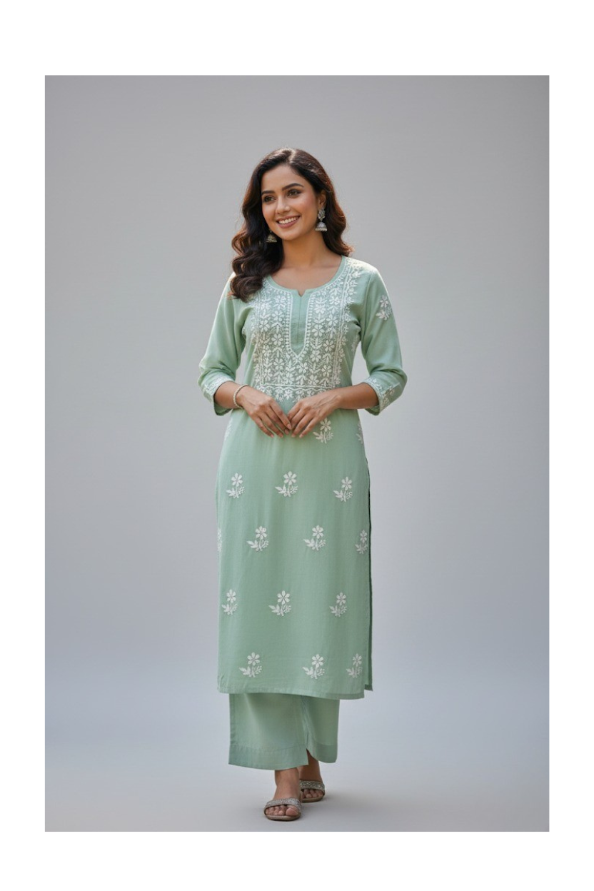 Mint Green Hand-Embroidered Chikankari Kurti