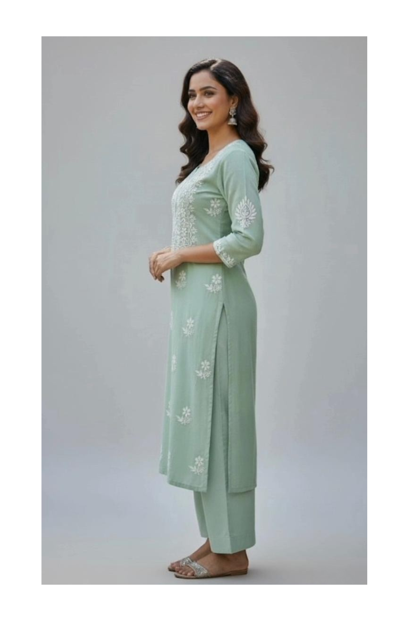 Mint Green Hand-Embroidered Chikankari Kurti