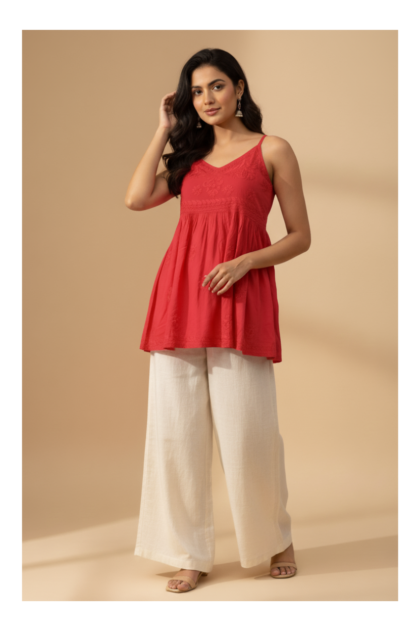 Blue Linen Short Top – Lucknowi Chikankari