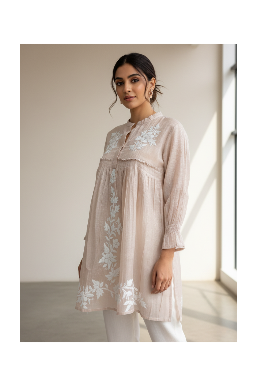 Beige Tissue Chikankari Short Top – Hand Embroidered Lucknowi Elegance