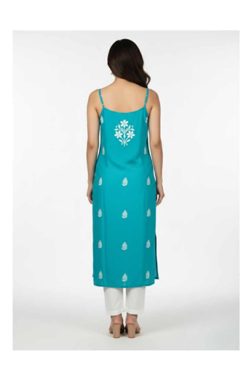Turquoise Blue Chikankari Noodle Strap Kurti with Hand Embroidery