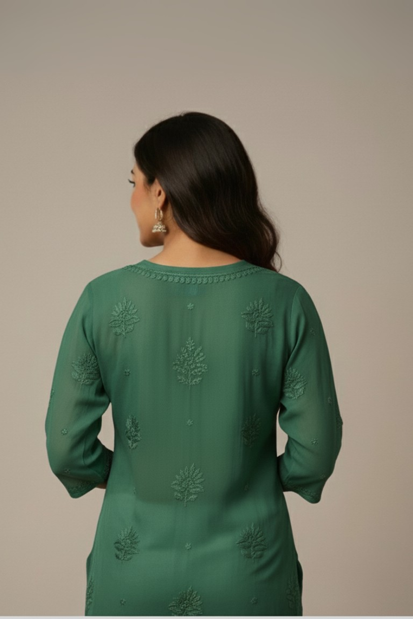 Green Viscose Chikankari Short Kurta – Hand Embroidered Lucknowi Elegance