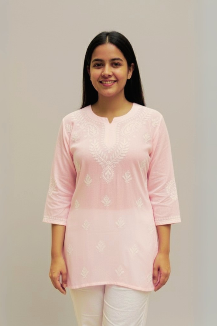 Baby Pink Modal Chikankari Short Kurti / Top
