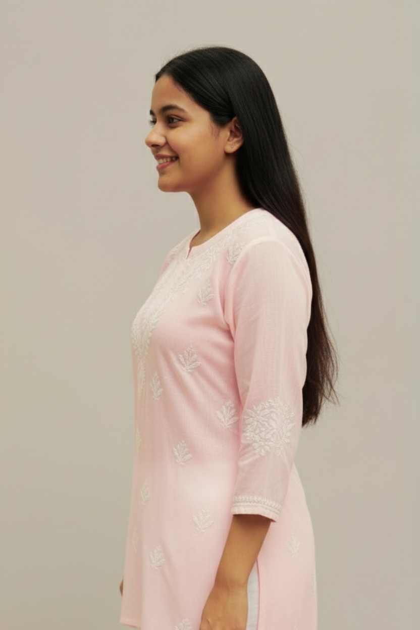 Baby Pink Modal Chikankari Short Kurti / Top