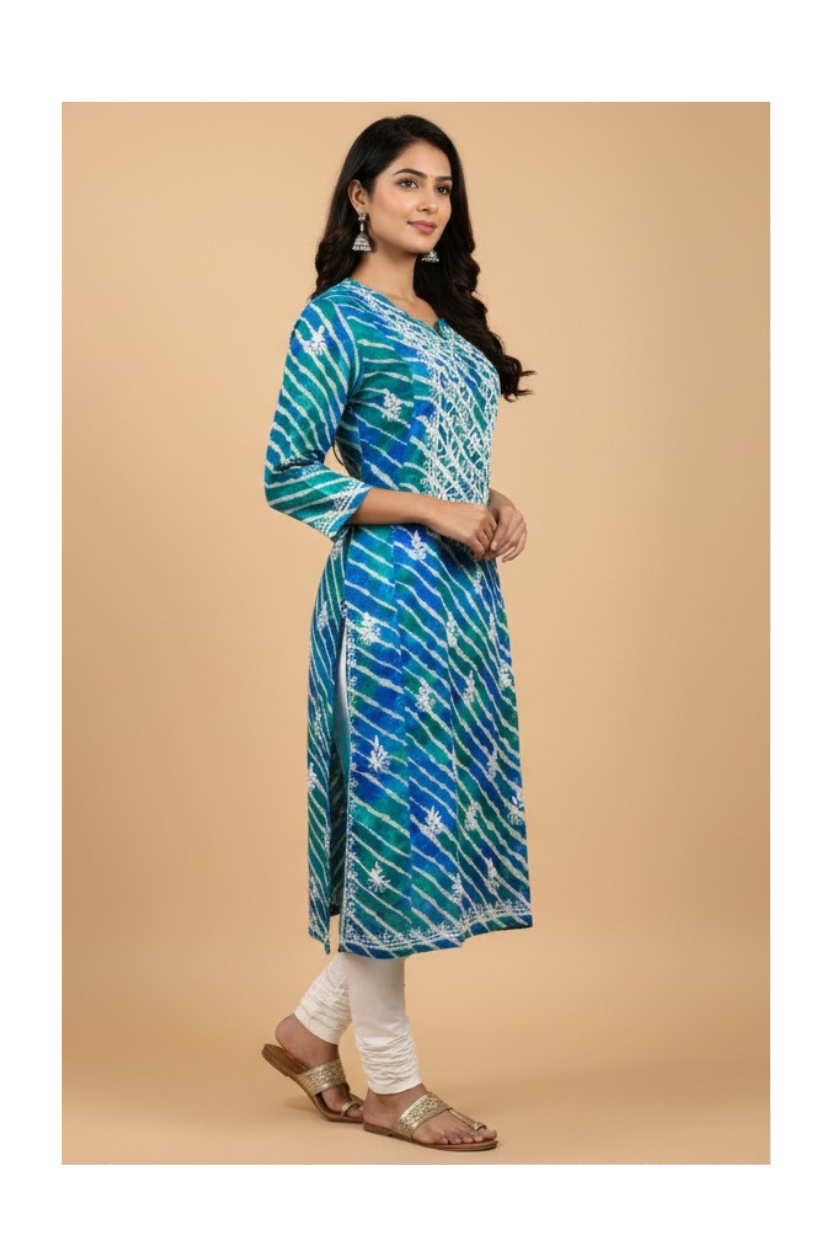 Blue & Green Handcrafted Kota Silk Chikankari Kurti