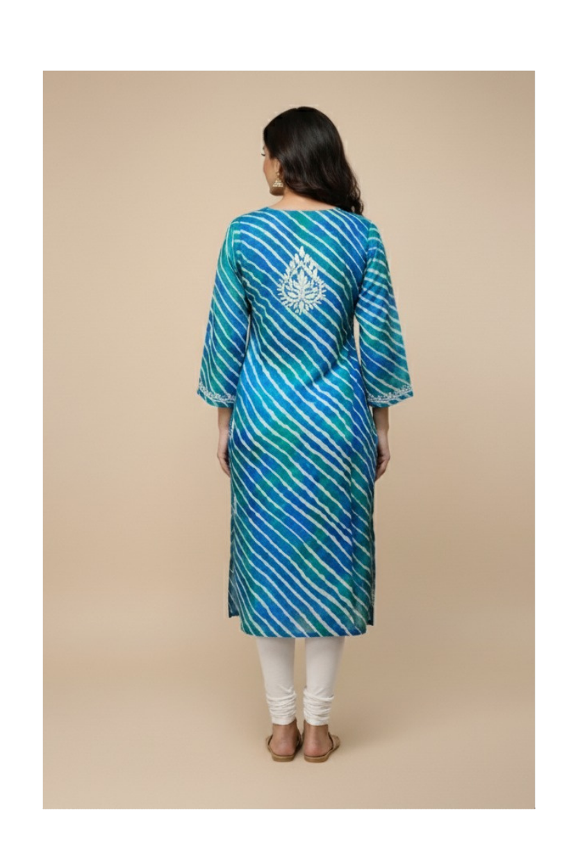 Blue & Green Handcrafted Kota Silk Chikankari Kurti