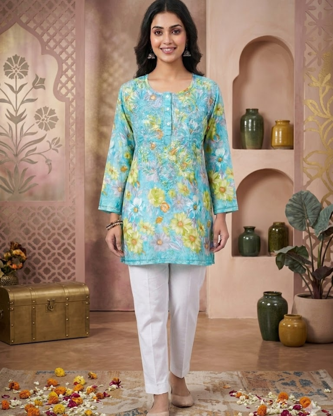 Aqua Blossom Crepe Short Kurta