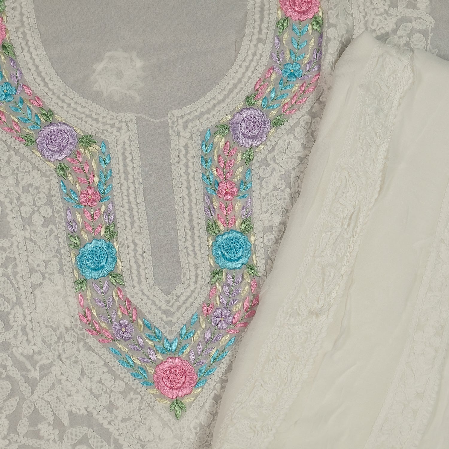 White Georgette Parsi Work Hand-Embroidered Suit