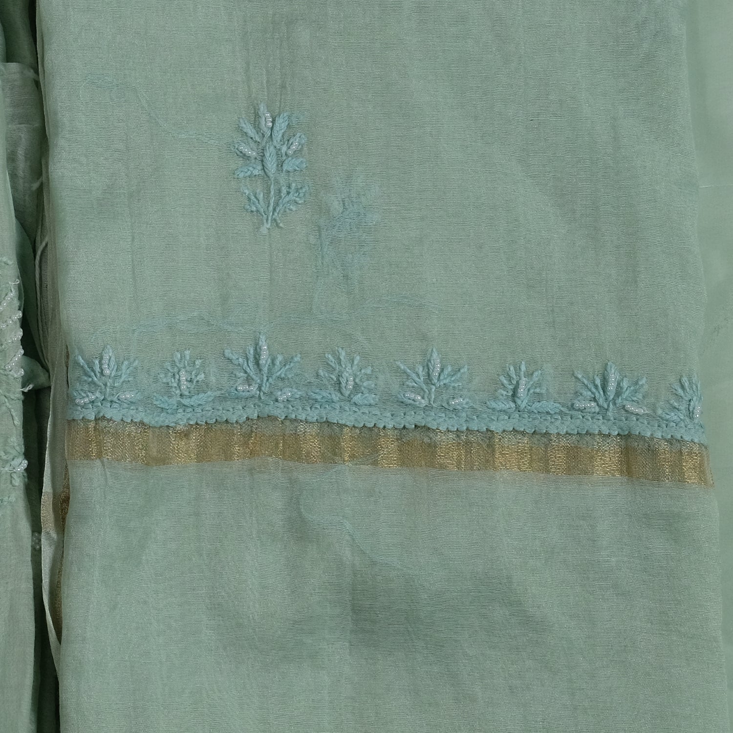 Green Mul Cotton Lucknowi Chikankari Moti Work Suit