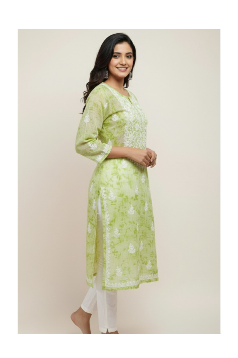 Light Green Kota Silk Hand-Embroidered Chikankari Kurti