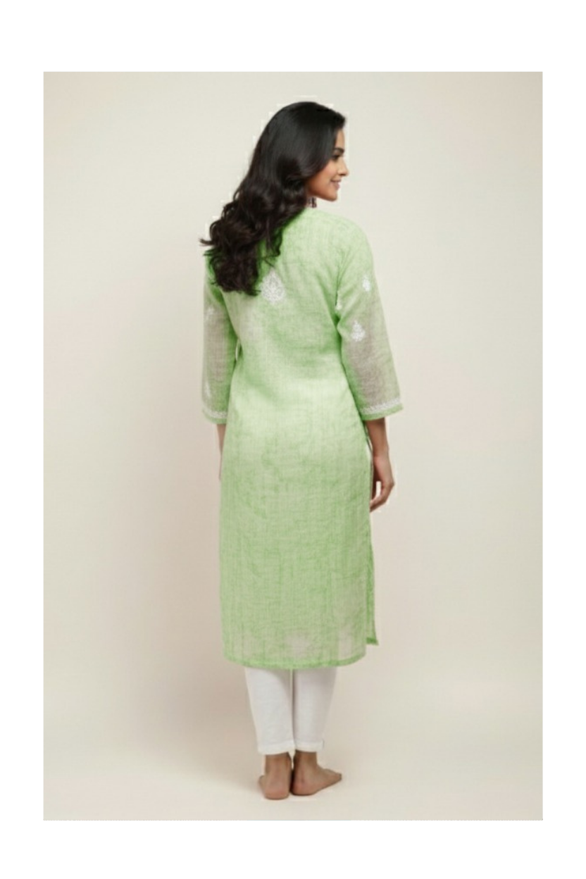 Light Green Kota Silk Hand-Embroidered Chikankari Kurti