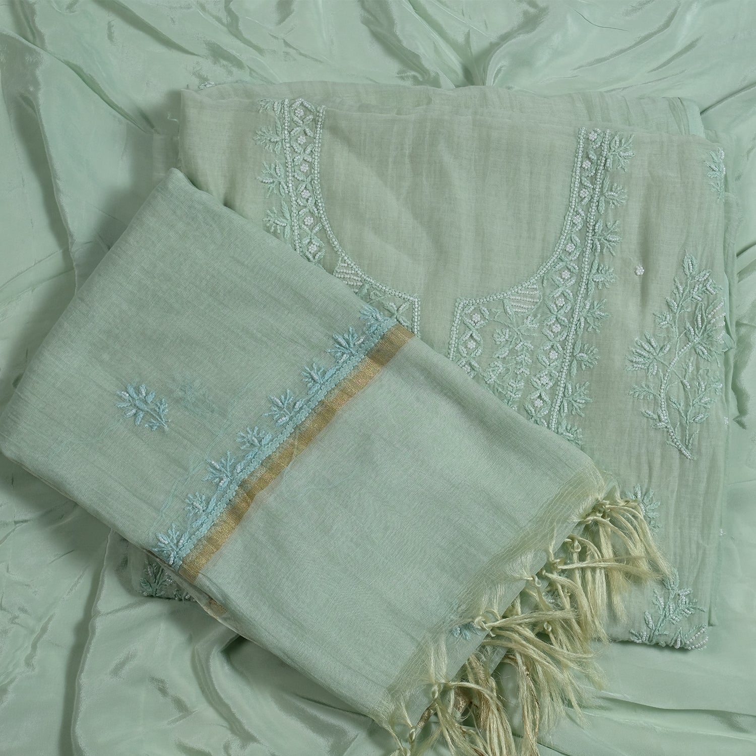 Green Mul Cotton Lucknowi Chikankari Moti Work Suit