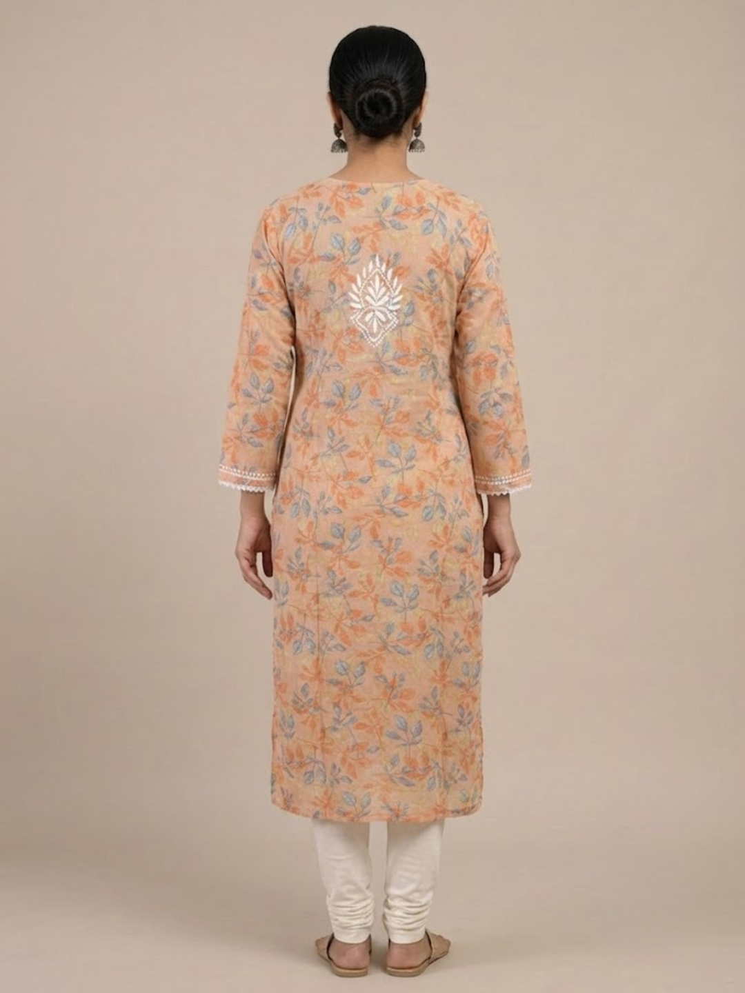 Orange Cotton Lucknowi Chikankari Kurti – Hand Embroidered Floral Straight Kurti