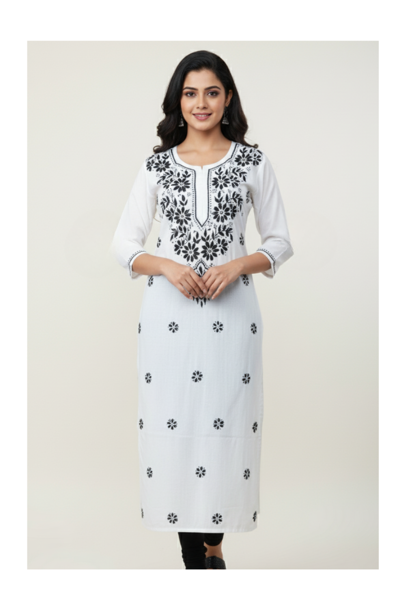 White Modal Long Chikankari Kurti with Black Hand Embroidery