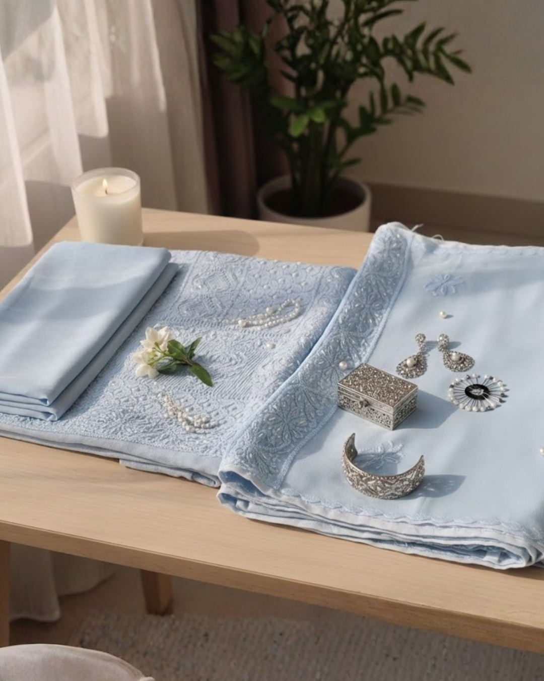 Powder Blue Viscose Chikankari Pearl Work Suit Set with Viscose Dupatta