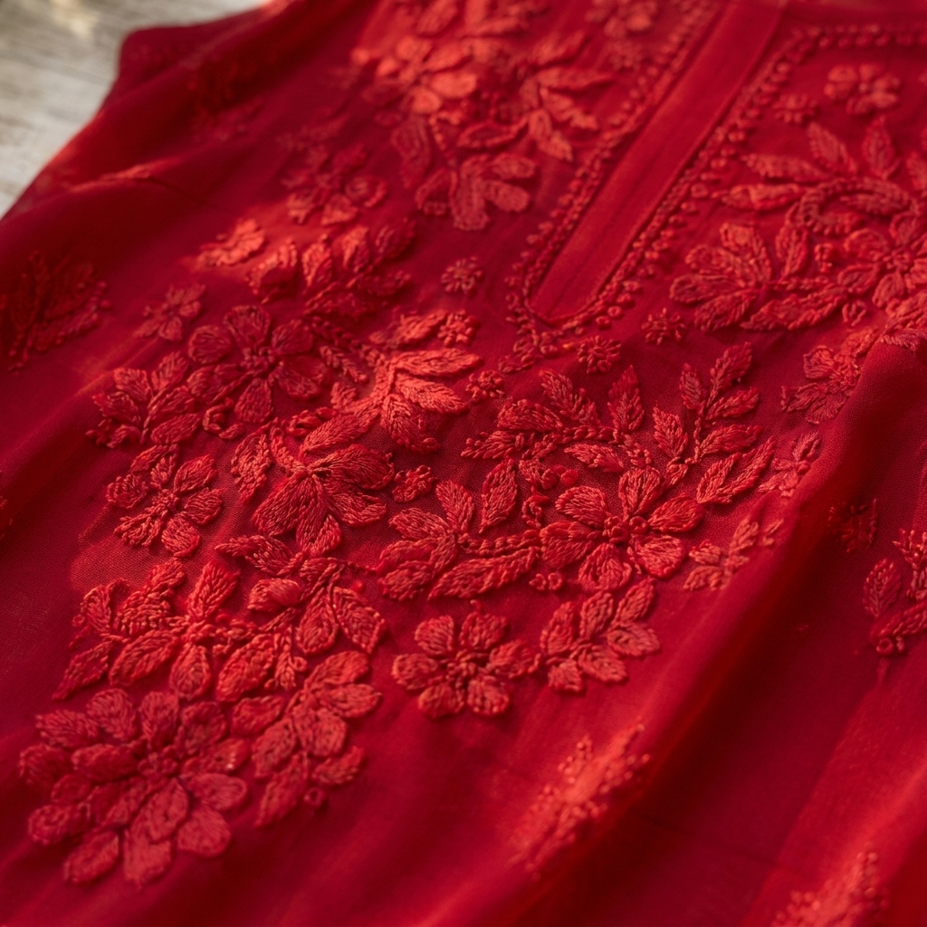 Ruby Red Lucknowi Chikankari Sleeveless Kurti